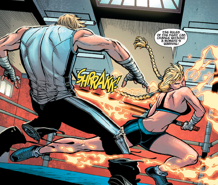 I couldn't find any art for this issue that didn't show Valkyrie in a sports bra. Sorry.